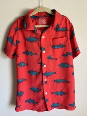 🧡3/15 Cat & Jack Fish Print Rayon Short Sleeve Shirt Red/Orange Blue Boys M(8)